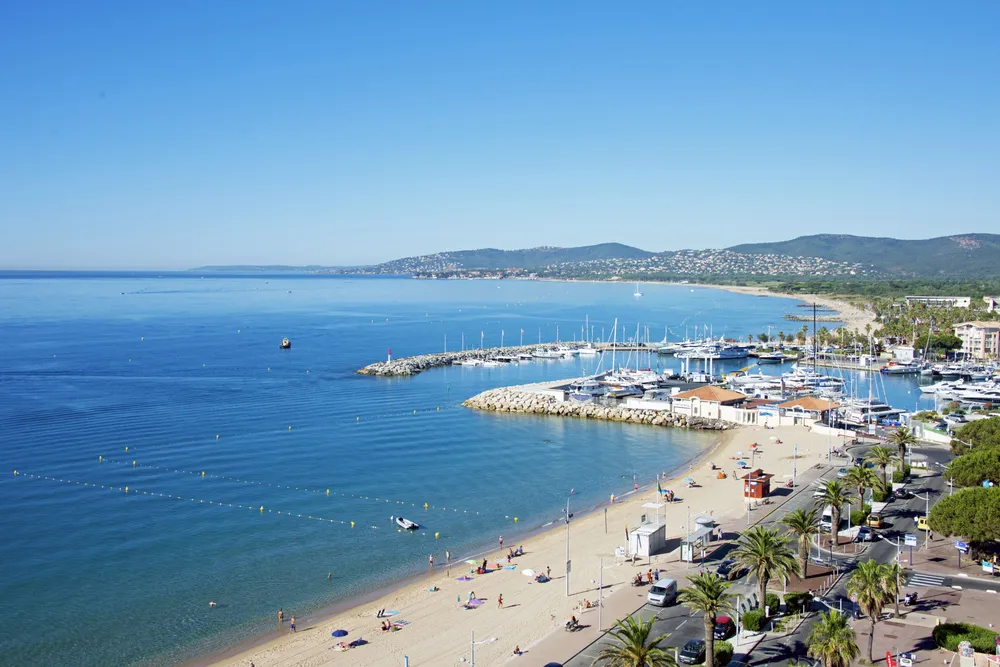 Fine sand beach bordered by a palm tree under a bright blue sky with the town in the background